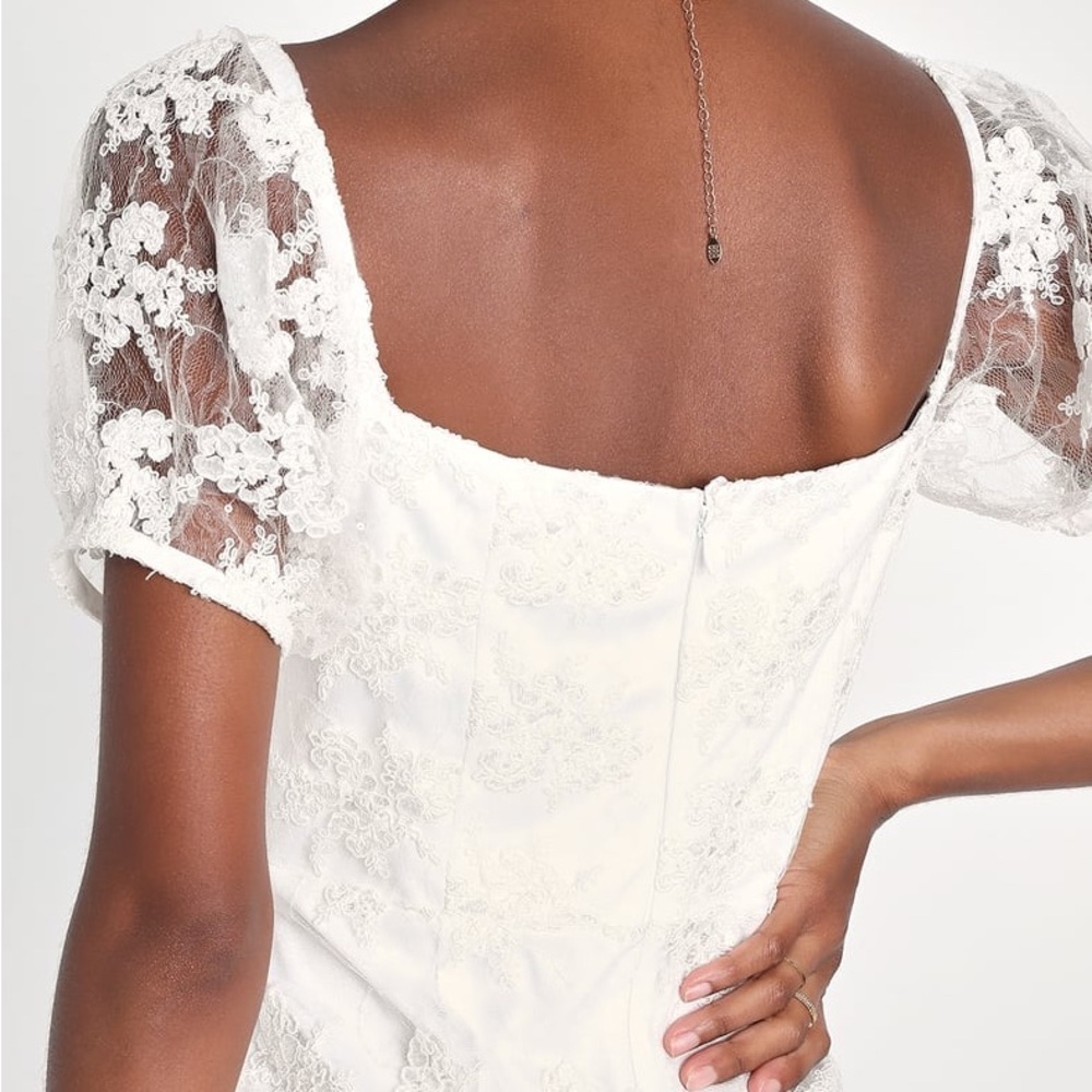 Lulu’s Avid Admiration White Embroidered Sequin Puff Sleeve Mini Dress - Picture 3 of 8
